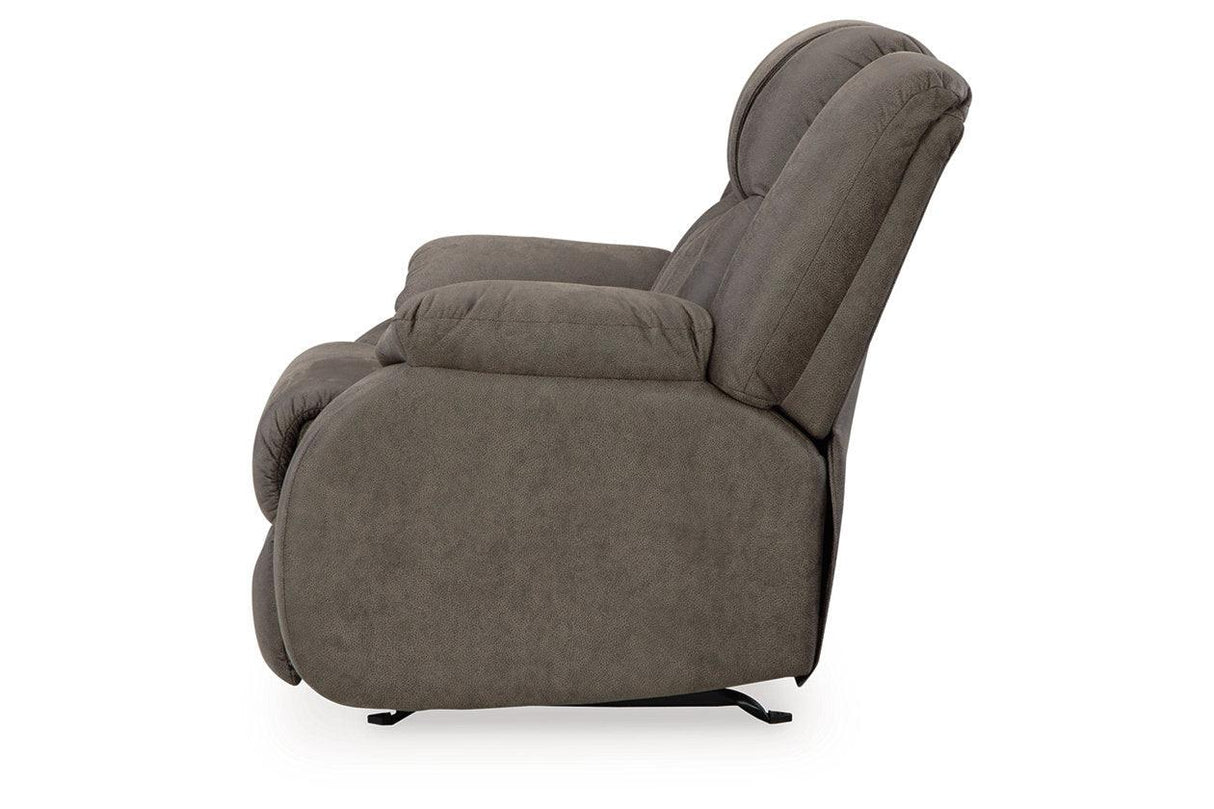 First Base Gunmetal Reclining Sofa, Loveseat and Recliner by Ashley at Eve Furniture