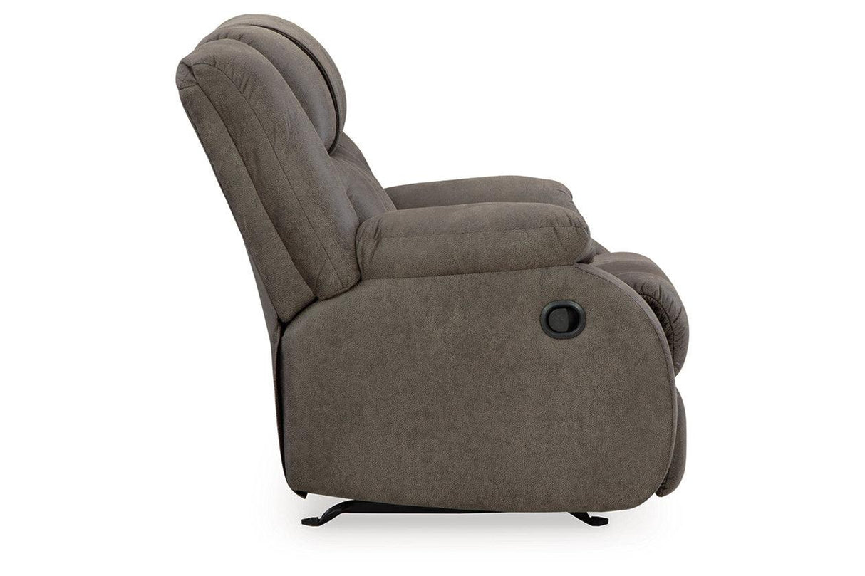 First Base Gunmetal Reclining Sofa, Loveseat and Recliner by Ashley at Eve Furniture