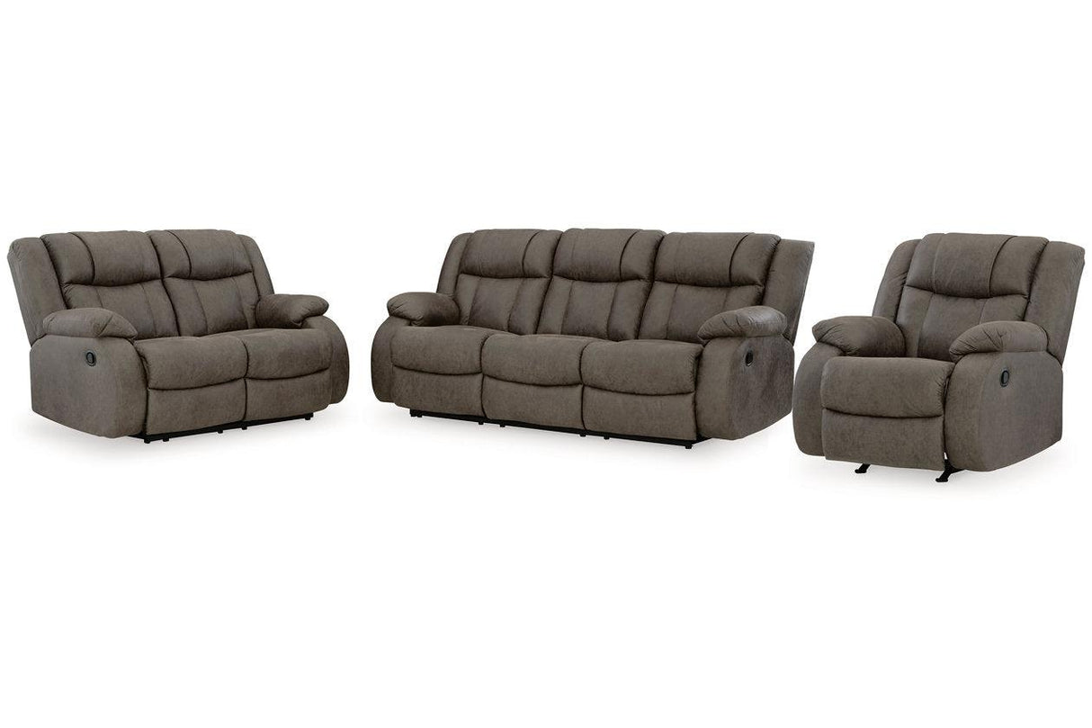 First Base Gunmetal Reclining Sofa, Loveseat and Recliner by Ashley at Eve Furniture