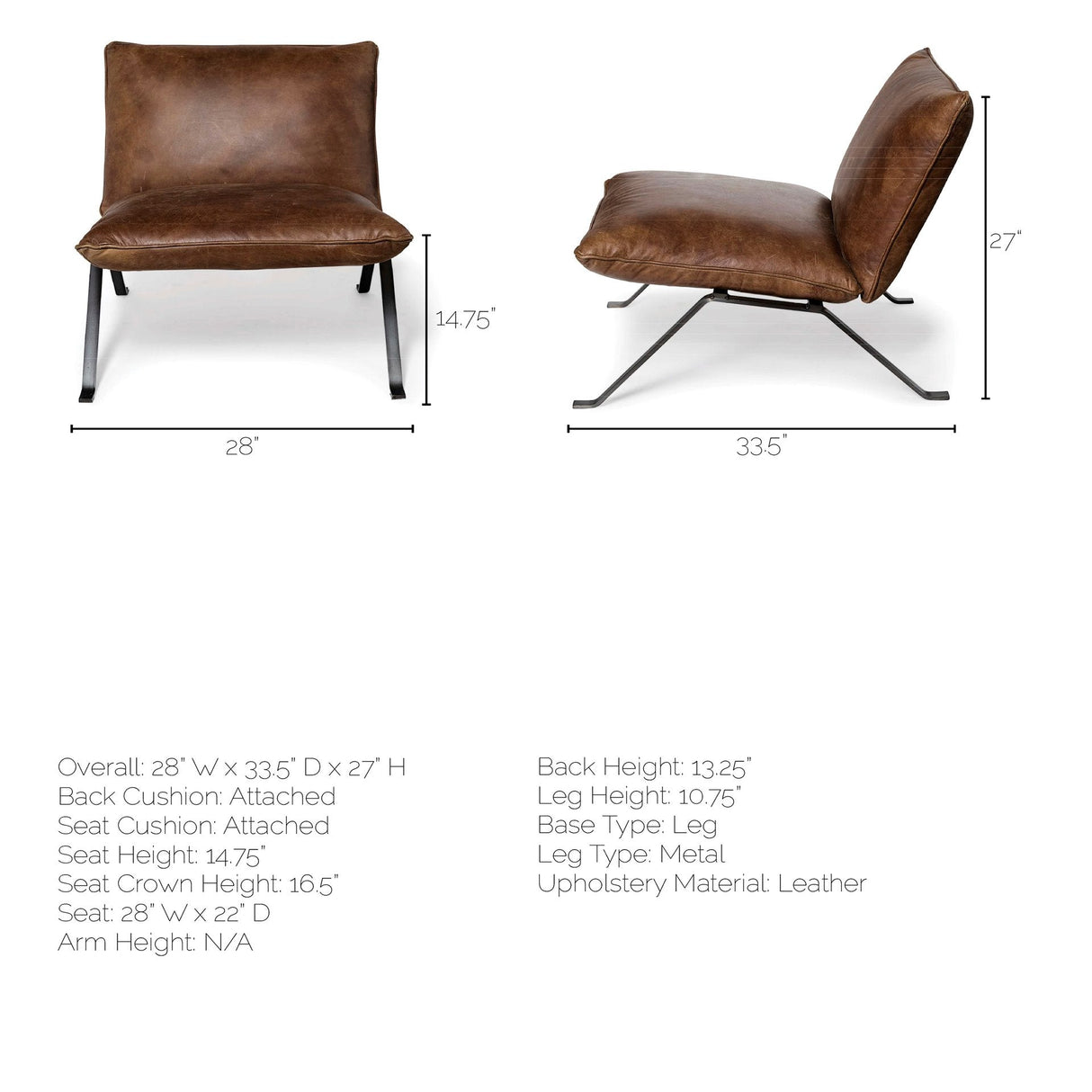 Flavelle I Brown Leather Cushion Seat and Solid Iron Base Accent Chair by Mercana at Eve Furniture