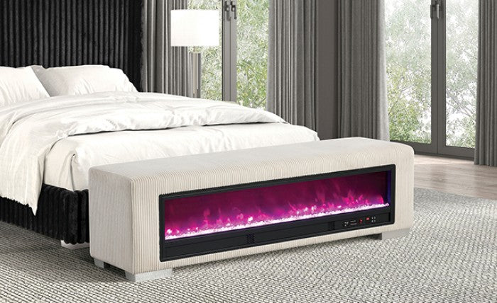 Elnath Beige Bench w/ Visual Wood Log Fireplace