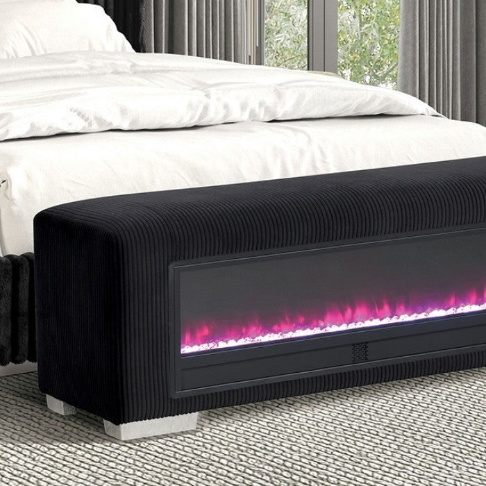 Elnath Contemporary Black Bench w/ Visual Wood Log Fireplace