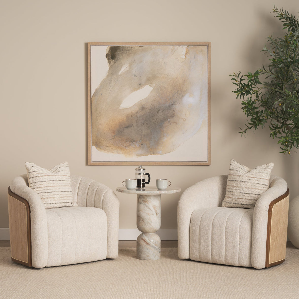 Fonda Cream Fabric w/ Natural Jute Swivel Accent Chair by Mercana at Eve Furniture