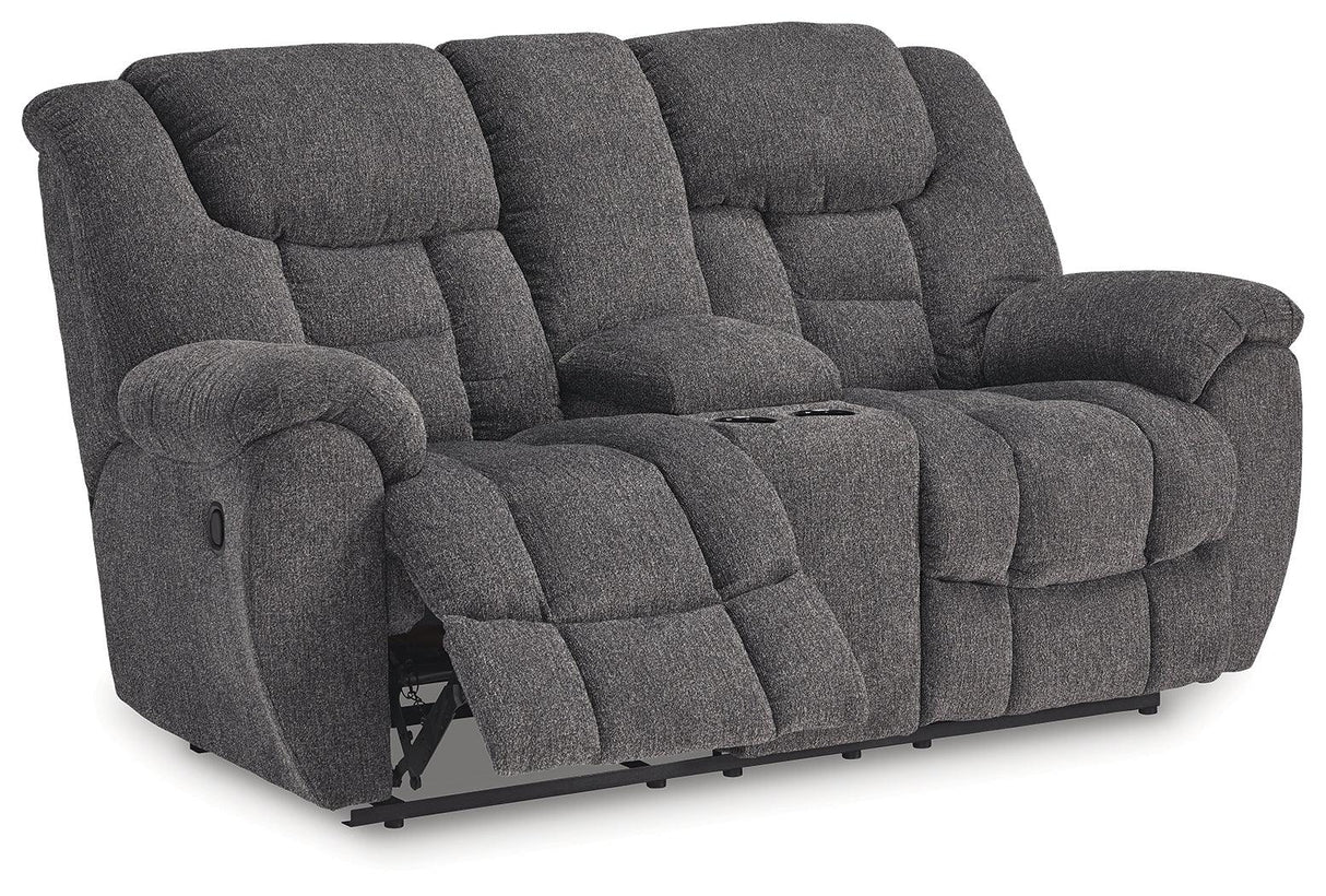 Foreside Charcoal Performance Fabric Manual Loveseat with Console by Ashley at Eve Furniture