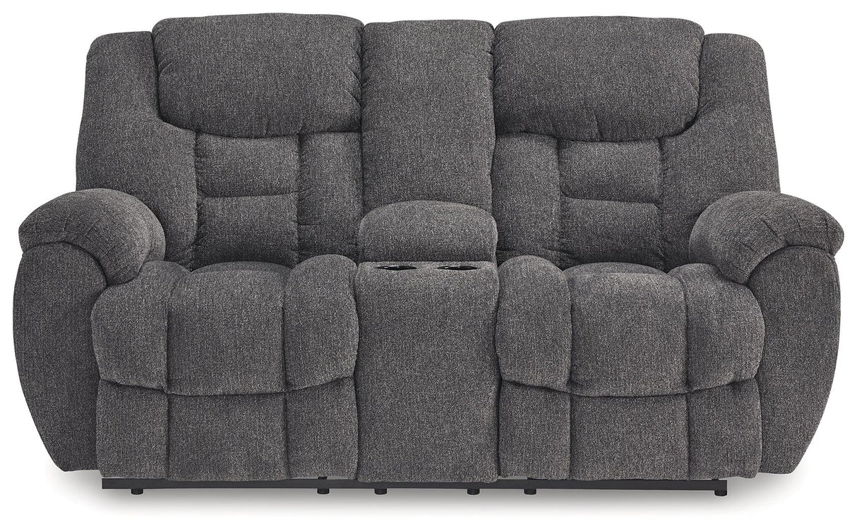 Foreside Charcoal Performance Fabric Manual Loveseat with Console by Ashley at Eve Furniture