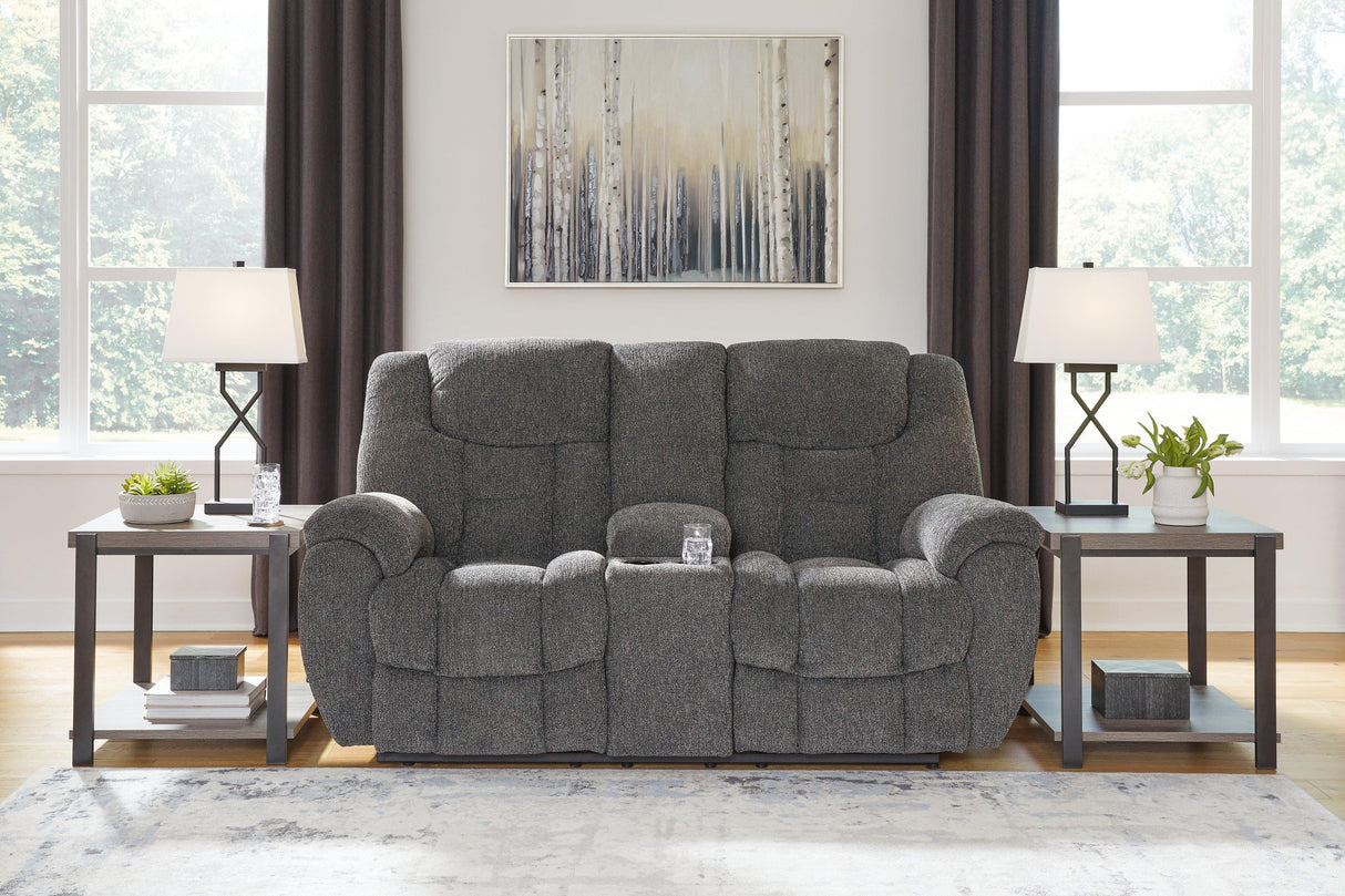 Foreside Charcoal Performance Fabric Manual Loveseat with Console by Ashley at Eve Furniture