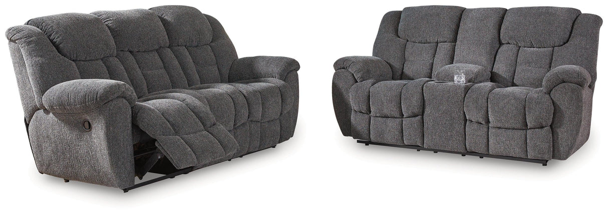 Foreside Charcoal Performance Fabric Manual Reclining Sofa and Loveseat by Ashley at Eve Furniture