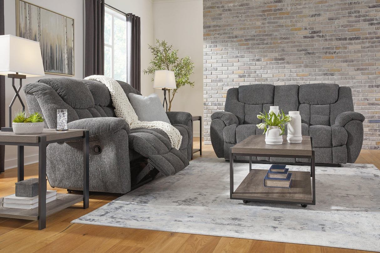Foreside Charcoal Performance Fabric Manual Reclining Sofa and Loveseat by Ashley at Eve Furniture