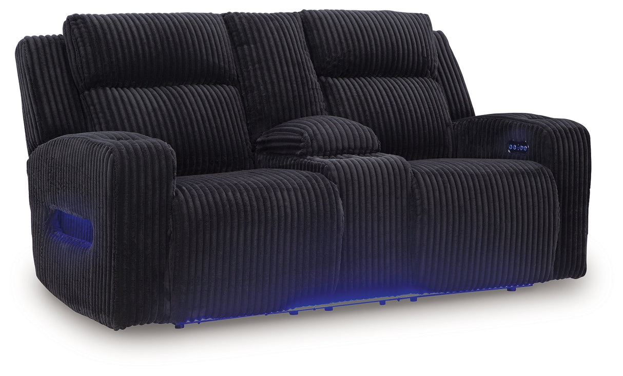 Forest Lake Black Power Reclining Loveseat with Console by Ashley at Eve Furniture