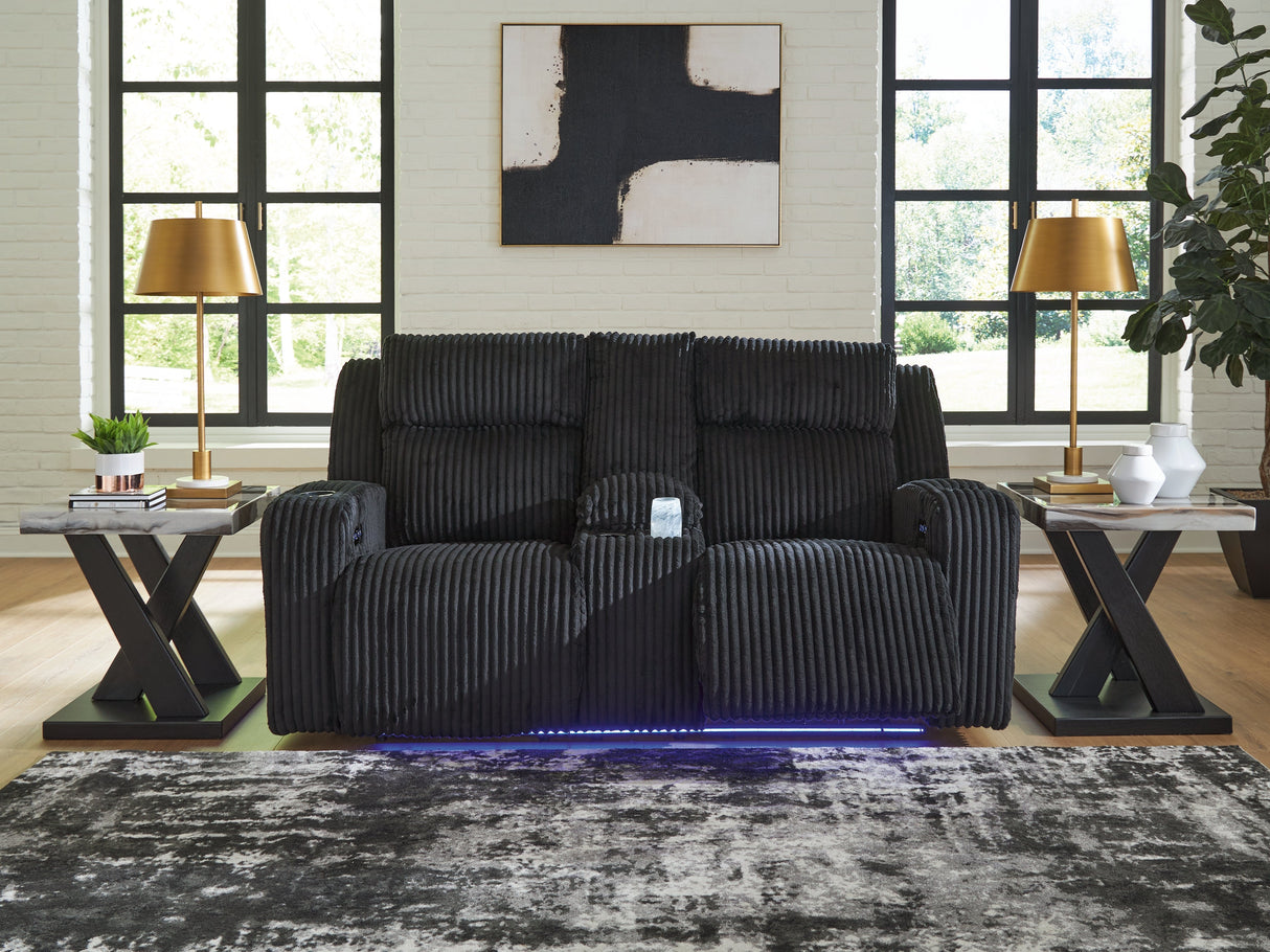 Forest Lake Black Power Reclining Loveseat with Console by Ashley at Eve Furniture