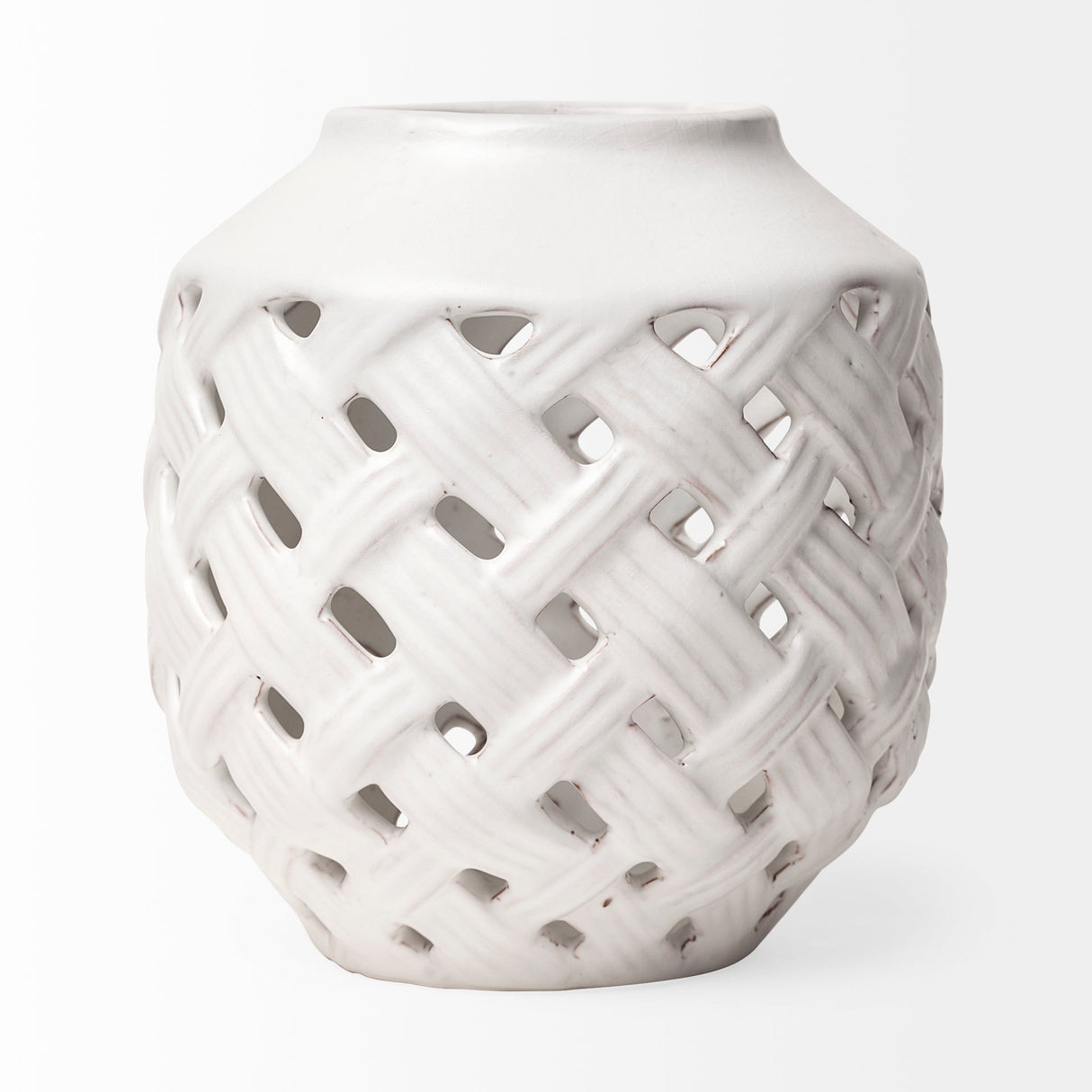Forillon I Short White Glazed Lattice Pattern Vase by Mercana at Eve Furniture