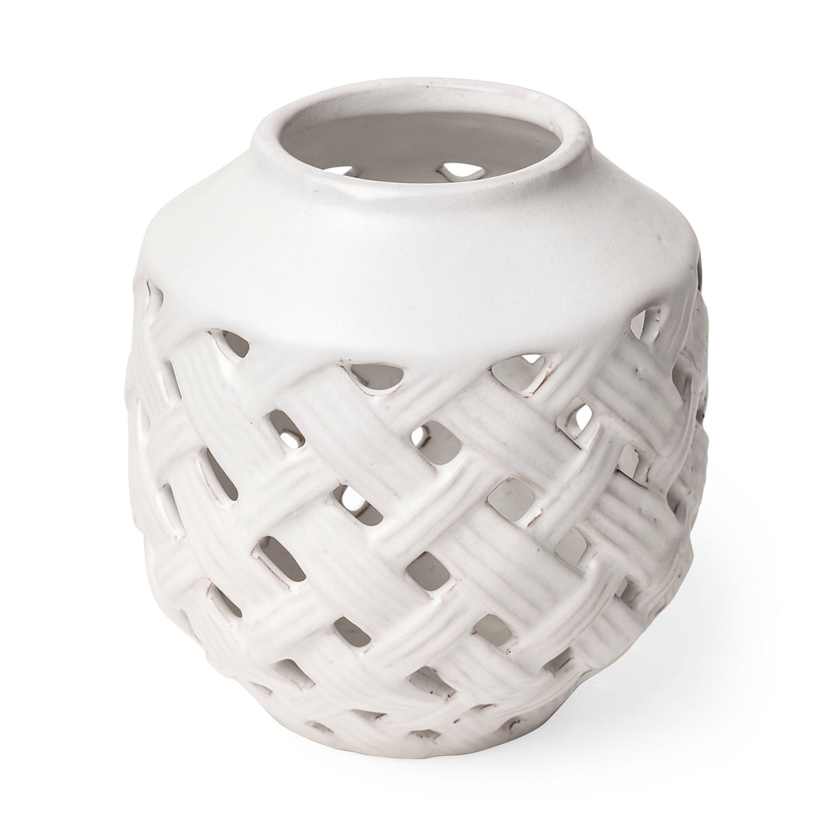 Forillon I Short White Glazed Lattice Pattern Vase by Mercana at Eve Furniture
