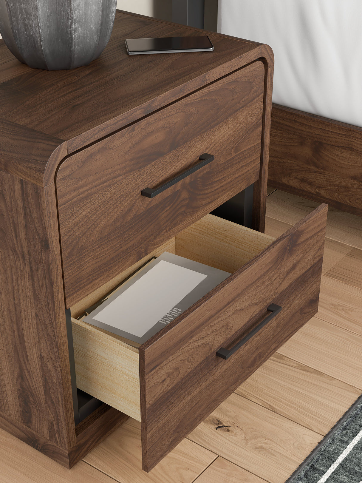 Fortlorn Walnut Brown King Panel Bed, Dresser and Nightstand by Ashley at Eve Furniture