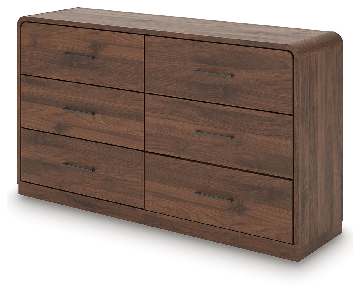 Fortlorn Walnut Brown King Panel Bed, Dresser and Nightstand by Ashley at Eve Furniture