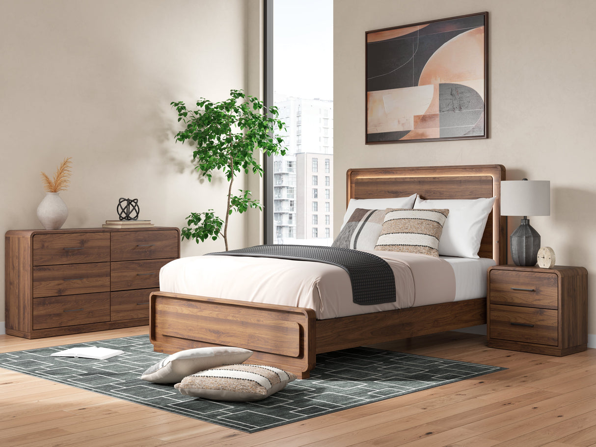 Fortlorn Walnut Brown Queen Panel Bed, Dresser and Nightstand by Ashley at Eve Furniture