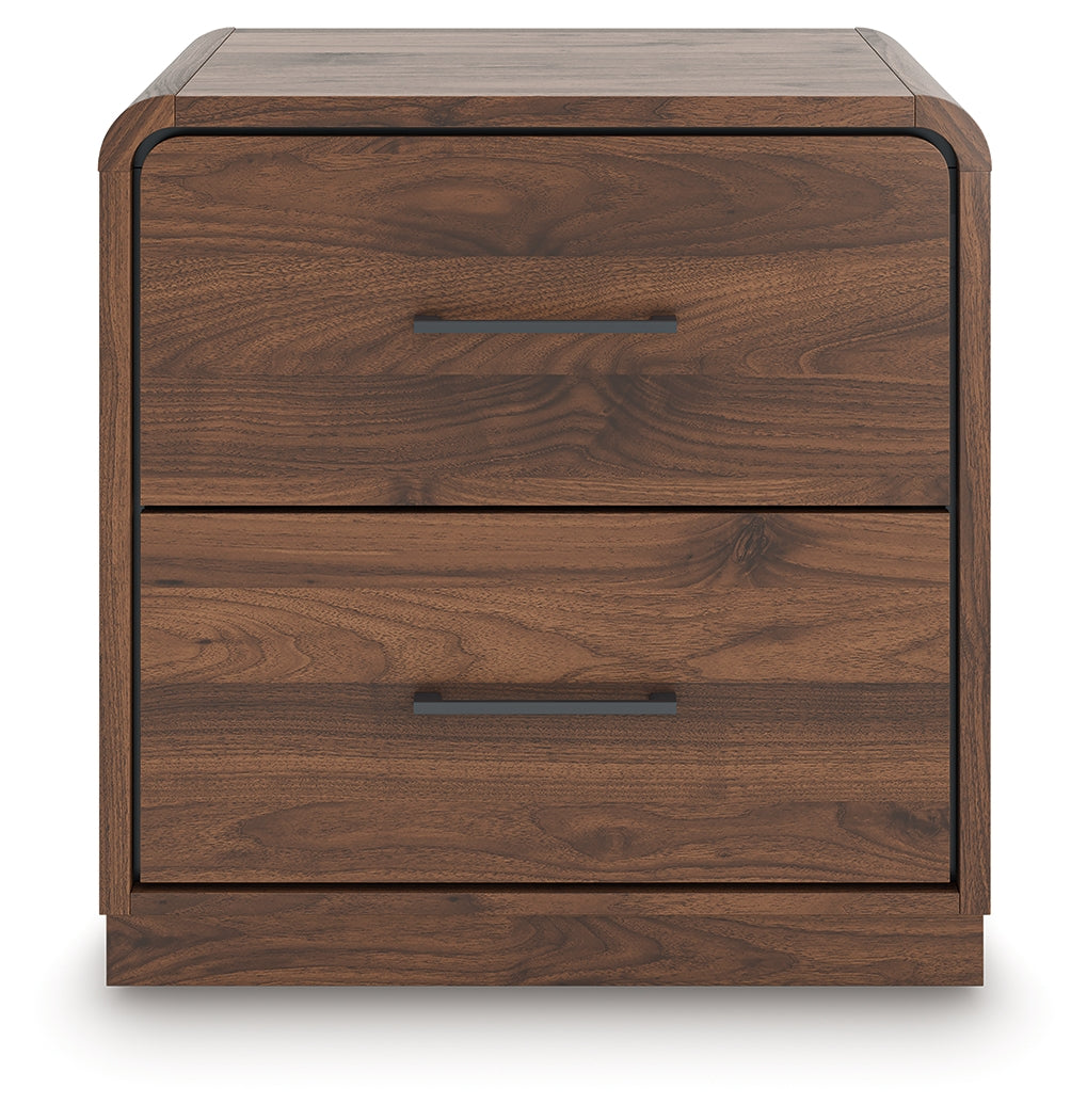 Fortlorn Walnut Brown Queen Panel Bed, Dresser, Mirror and Nightstand by Ashley at Eve Furniture