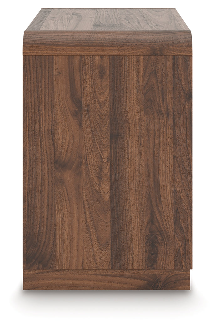 Fortlorn Walnut Brown Queen Panel Bed, Dresser, Mirror and Nightstand by Ashley at Eve Furniture