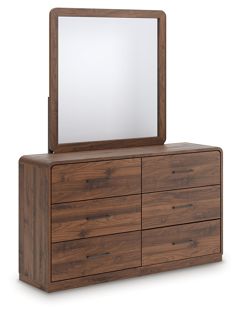 Fortlorn Walnut Brown Queen Panel Bed, Dresser, Mirror and Nightstand by Ashley at Eve Furniture