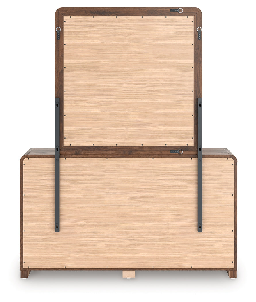 Fortlorn Walnut Brown Queen Panel Bed, Dresser, Mirror and Nightstand by Ashley at Eve Furniture