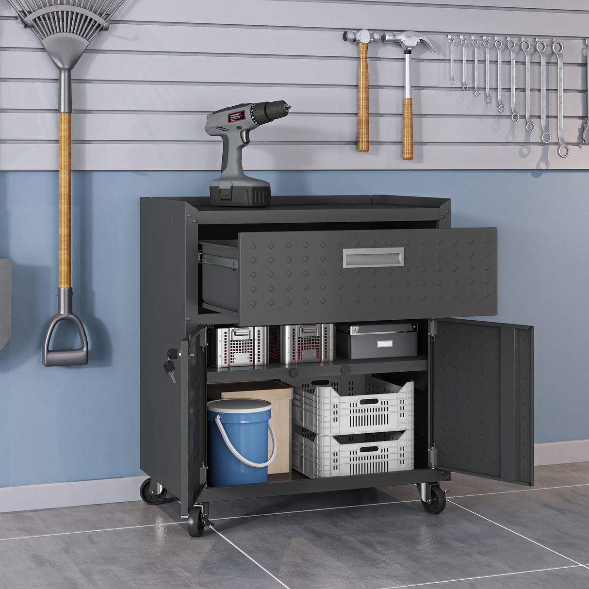Fortress 31.5" Mobile Garage Cabinet with Drawer and Shelves in Charcoal Grey by Manhattan Comfort at Eve Furniture