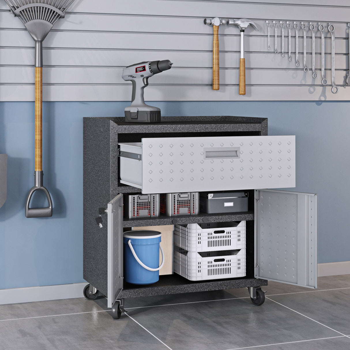 Fortress 31.5" Mobile Garage Cabinet with Drawer and Shelves in Grey by Manhattan Comfort at Eve Furniture