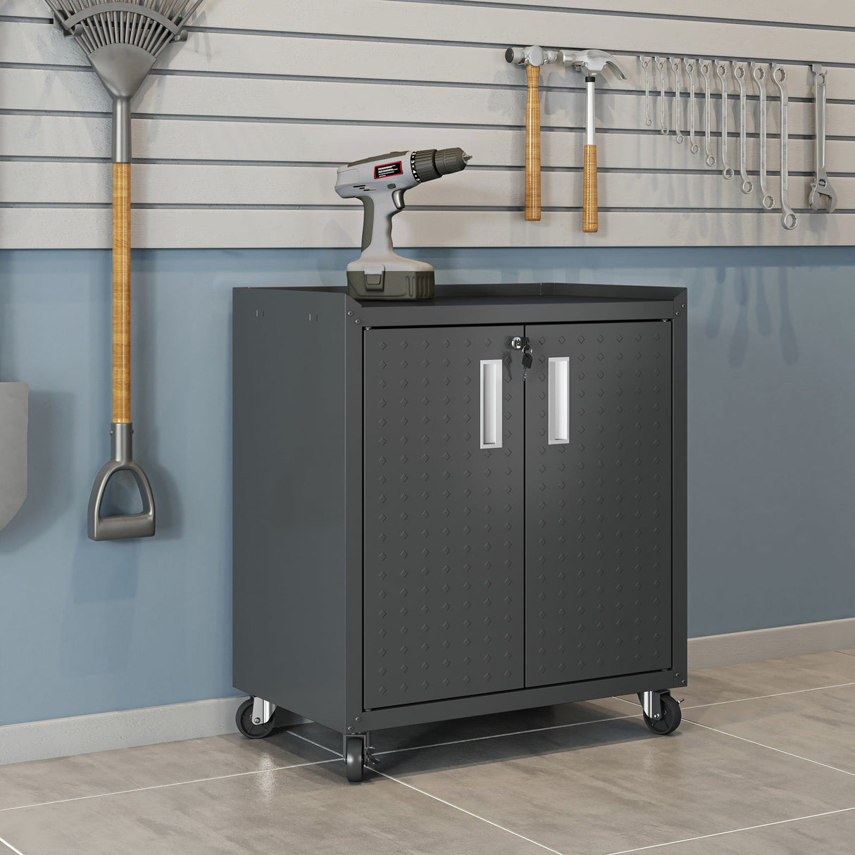 Fortress 31.5" Mobile Garage Cabinet with Shelves in Charcoal Grey by Manhattan Comfort at Eve Furniture