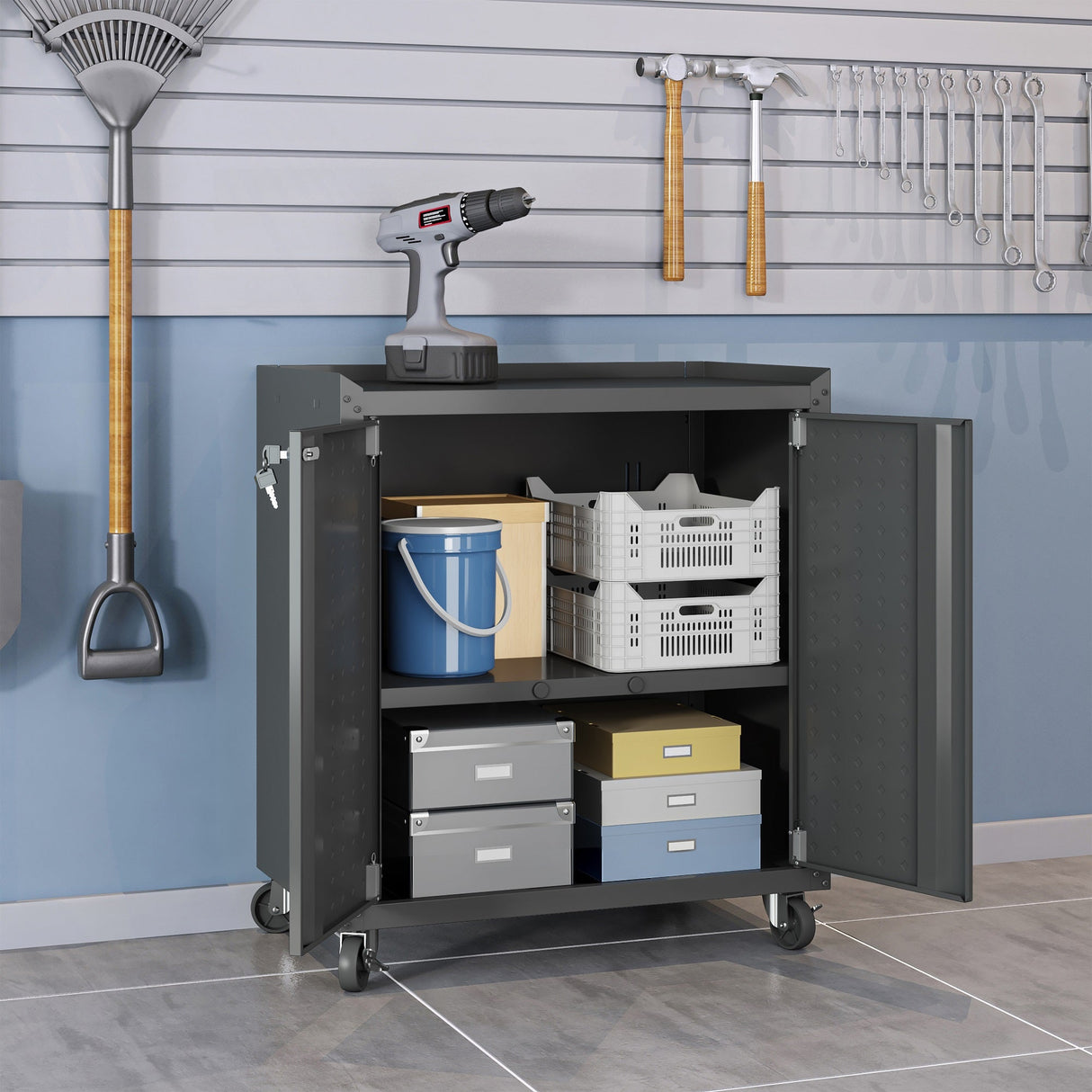 Fortress 31.5" Mobile Garage Cabinet with Shelves in Charcoal Grey by Manhattan Comfort at Eve Furniture