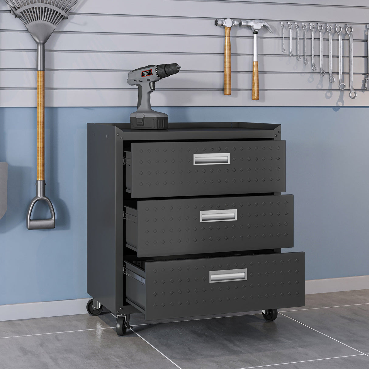 Fortress 31.5" Mobile Garage Chest with Drawers in Charcoal Grey by Manhattan Comfort at Eve Furniture