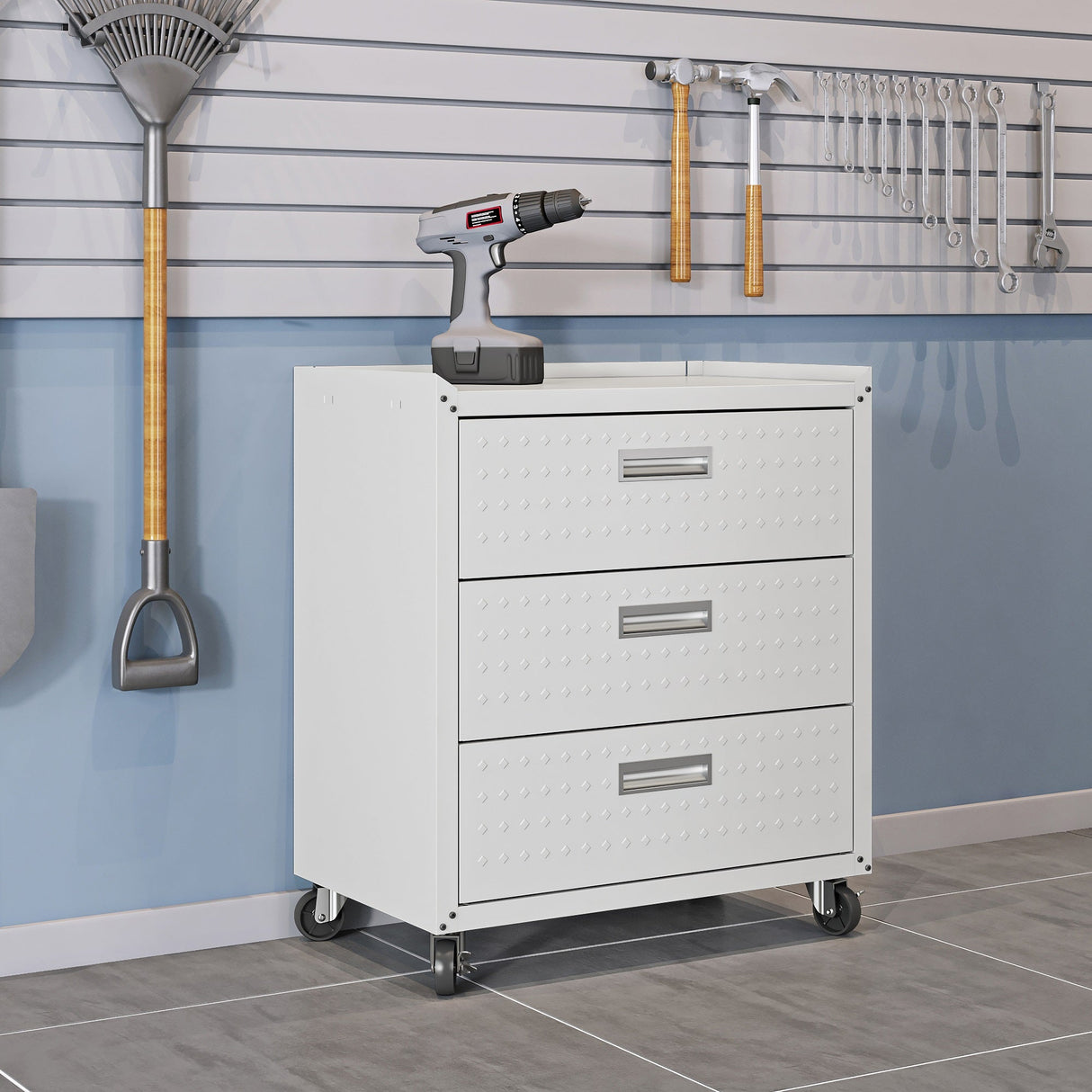 Fortress 31.5" Mobile Garage Chest with Drawers in White by Manhattan Comfort at Eve Furniture
