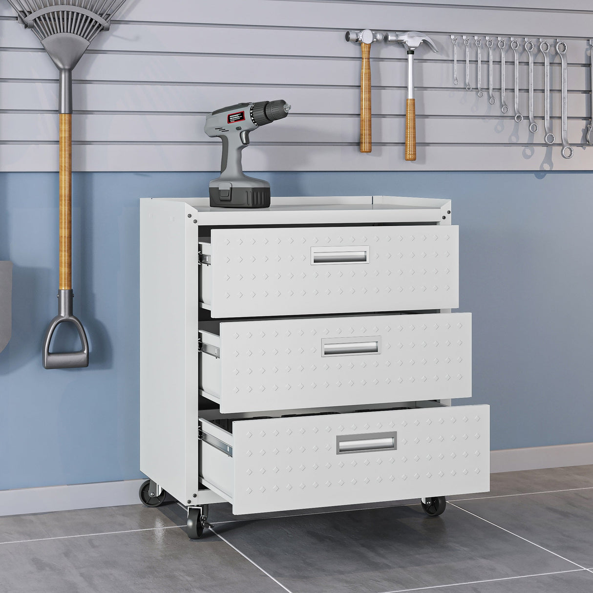 Fortress 31.5" Mobile Garage Chest with Drawers in White by Manhattan Comfort at Eve Furniture
