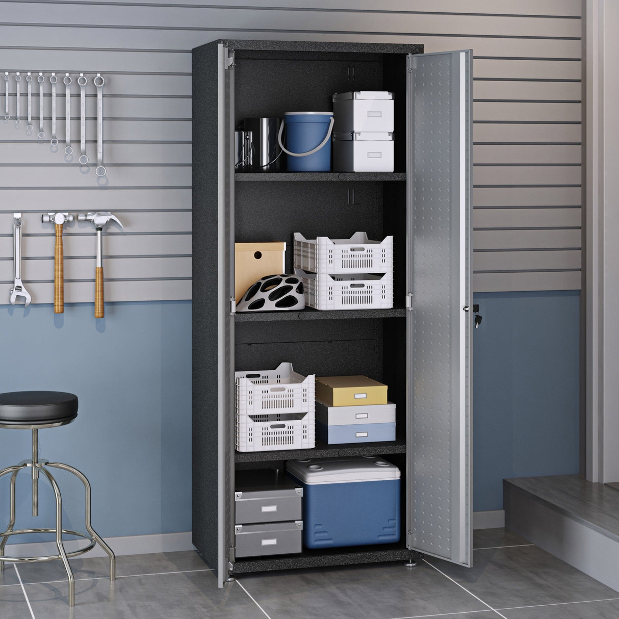 Fortress 74.8" Tall Garage Cabinet in Grey by Manhattan Comfort at Eve Furniture