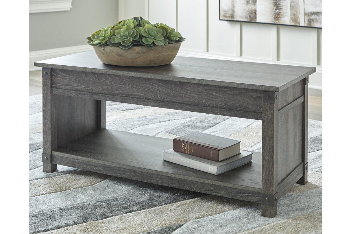 Freedan Grayish Brown Lift-top Coffee Table, 2 End Tables and Console by Ashley at Eve Furniture