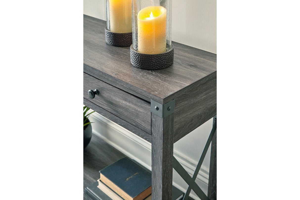 Freedan Grayish Brown Lift-top Coffee Table, 2 End Tables and Console by Ashley at Eve Furniture