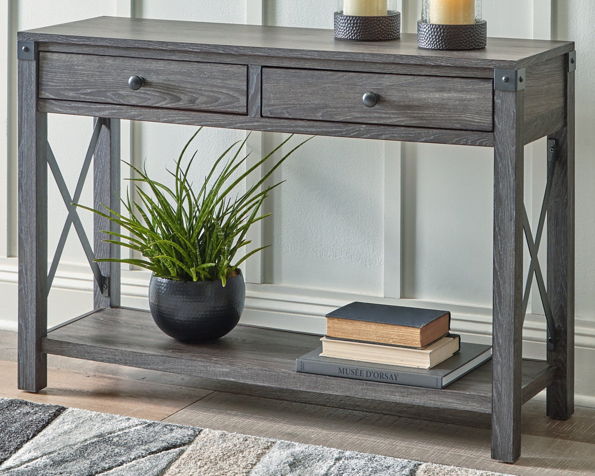 Freedan Grayish Brown Sofa/Console Table by Ashley at Eve Furniture