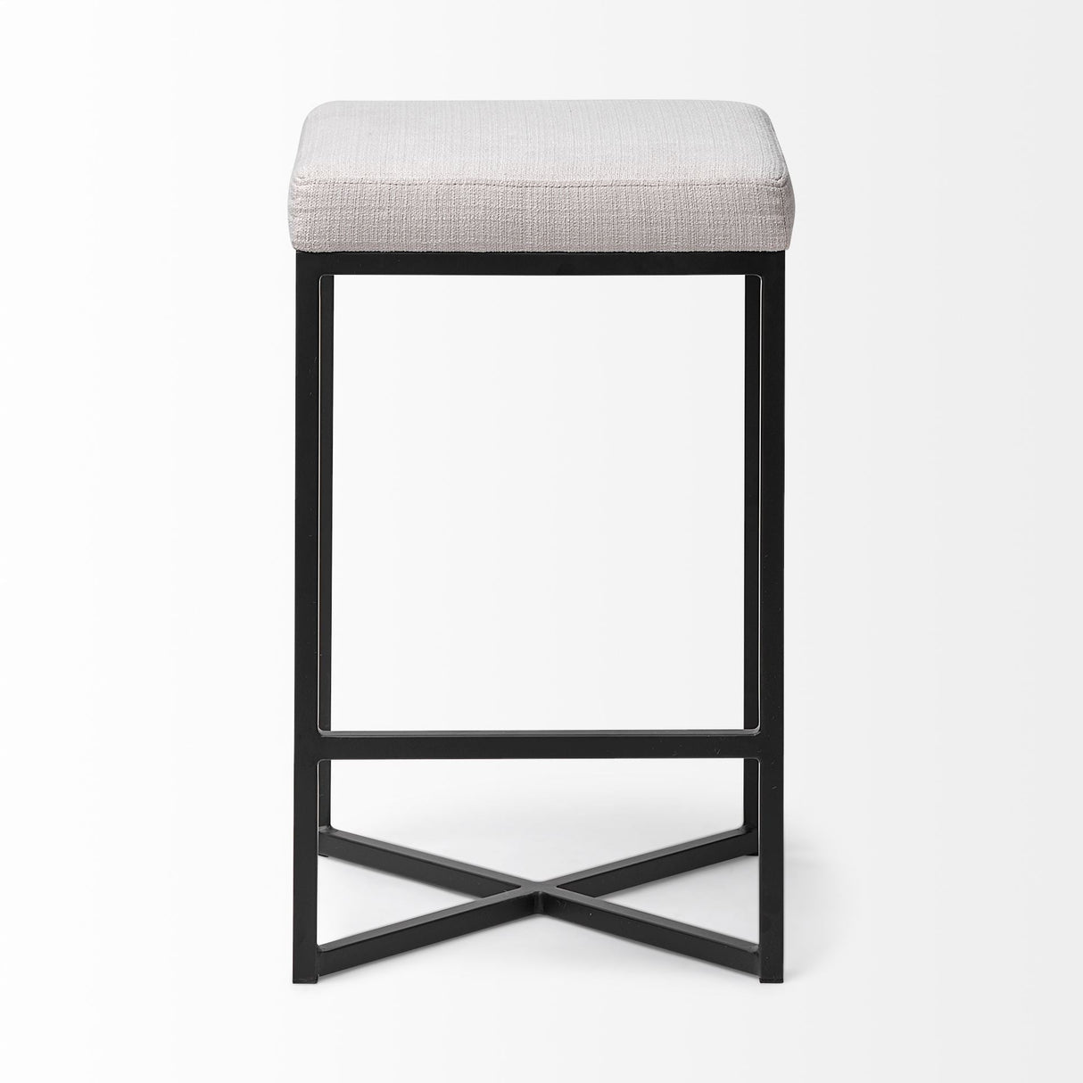 Frodo 26.4H Seat Height White Fabric Seat Black Metal Base Stool by Mercana at Eve Furniture