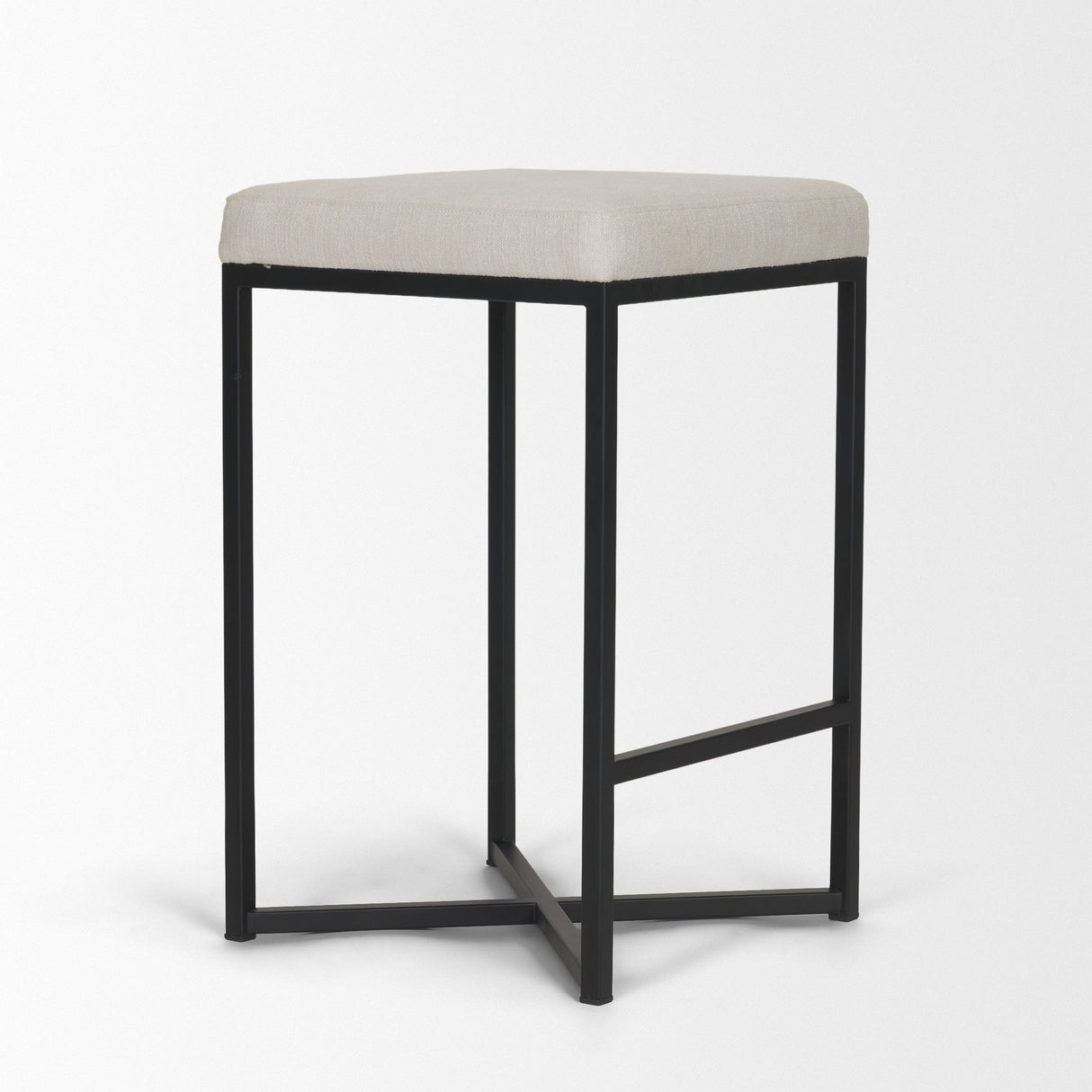 Frodo 26.5H Seat Height White Fabric Seat Black Metal Base Stool by Mercana at Eve Furniture