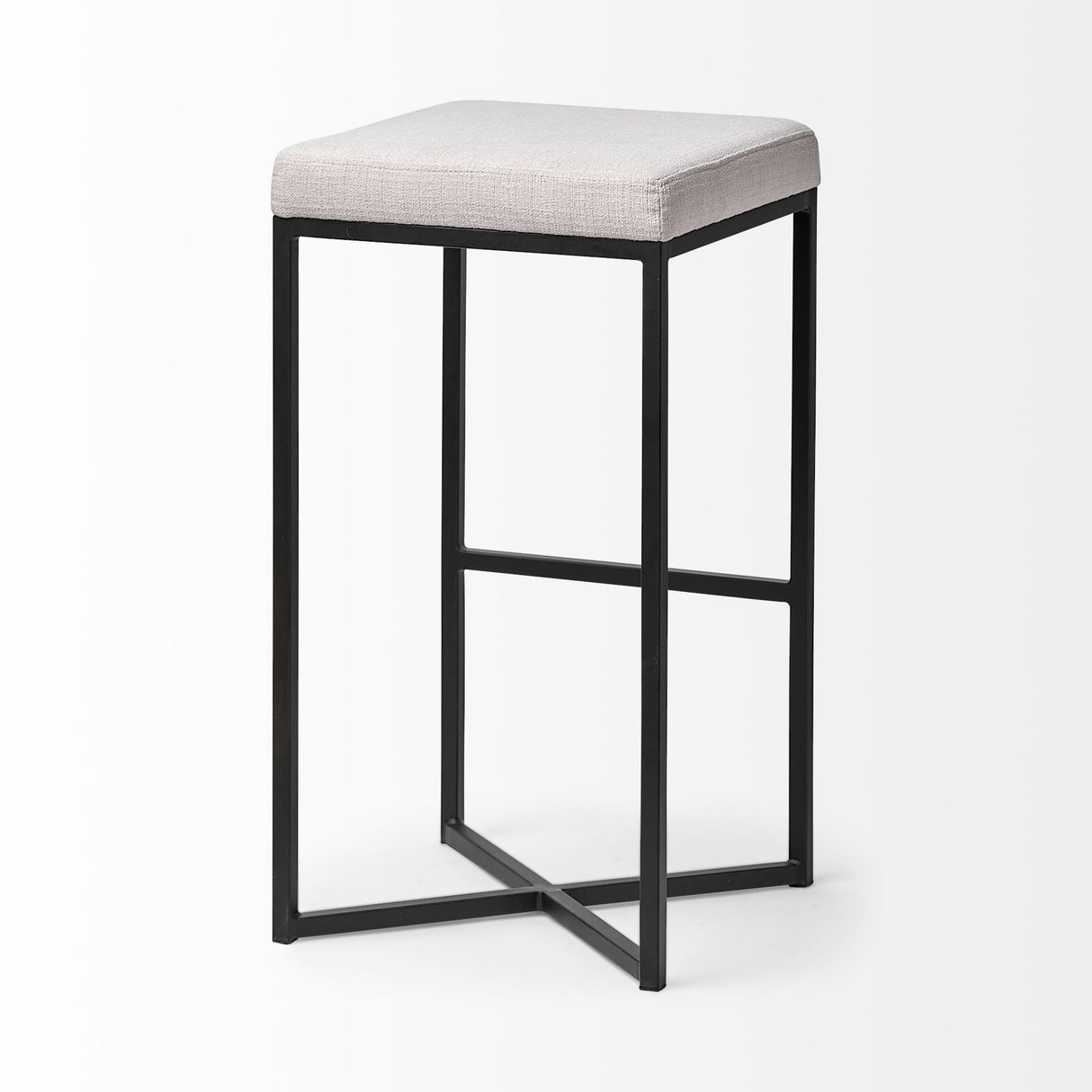 Frodo 29.75H Seat Height White Fabric Seat Black Metal Base Stool by Mercana at Eve Furniture