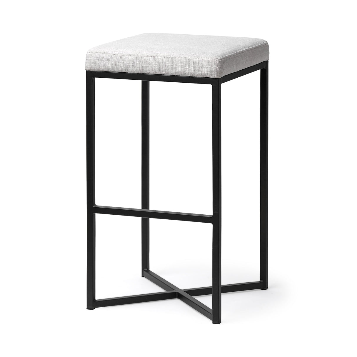 Frodo 29.75H Seat Height White Fabric Seat Black Metal Base Stool by Mercana at Eve Furniture