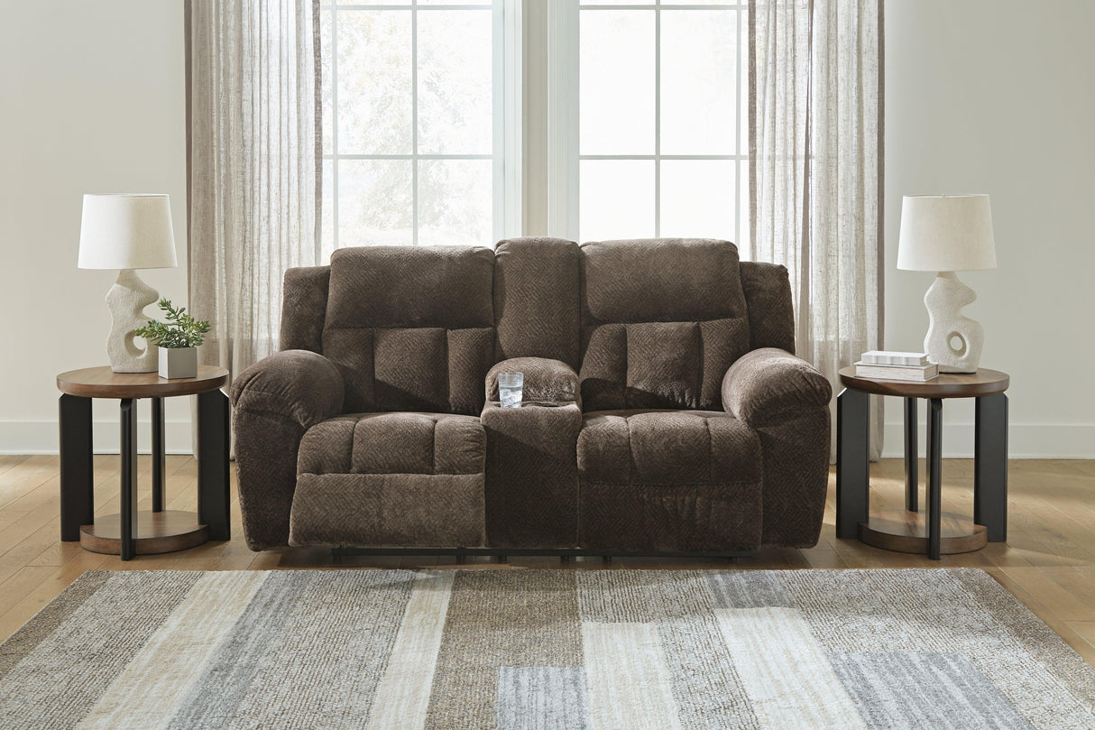 Frohn Chocolate Manual Reclining Loveseat with Console by Ashley at Eve Furniture