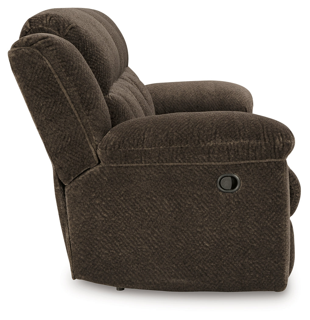 Frohn Chocolate Manual Reclining Sofa and Loveseat by Ashley at Eve Furniture
