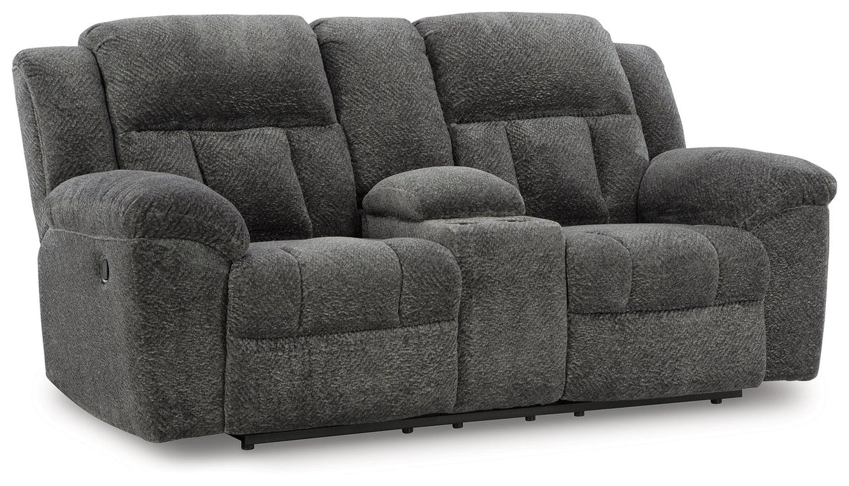 Frohn Graphite Manual Reclining Loveseat with Console by Ashley at Eve Furniture