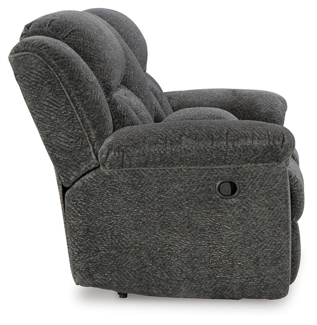 Frohn Graphite Manual Reclining Loveseat with Console by Ashley at Eve Furniture