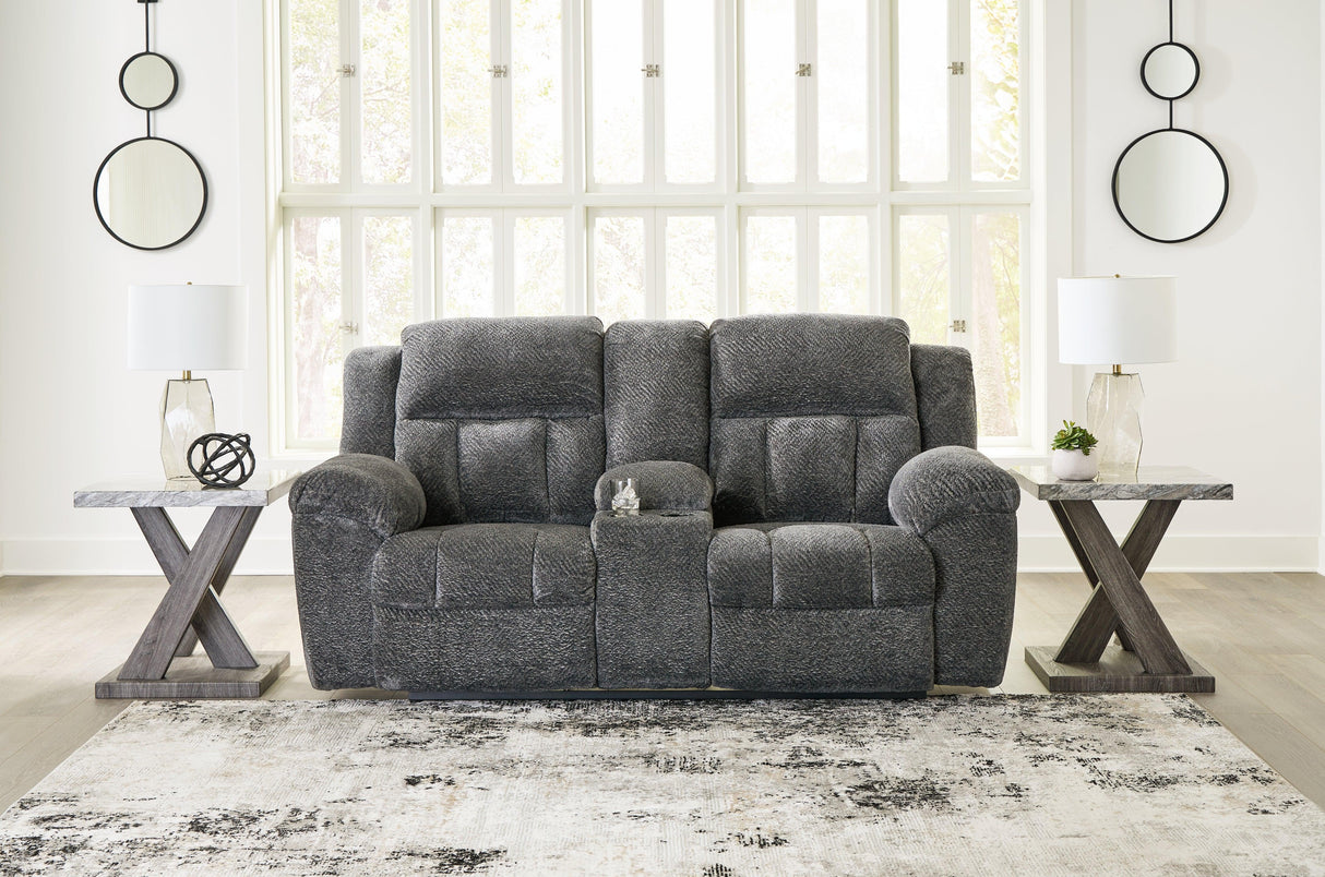 Frohn Graphite Manual Reclining Loveseat with Console by Ashley at Eve Furniture
