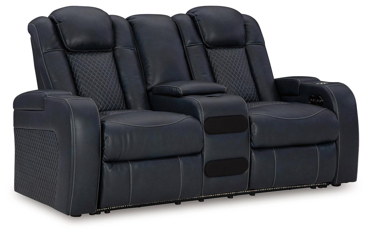 Fyne-Dyme Sapphire Dual Power Reclining Loveseat with Console by Ashley at Eve Furniture