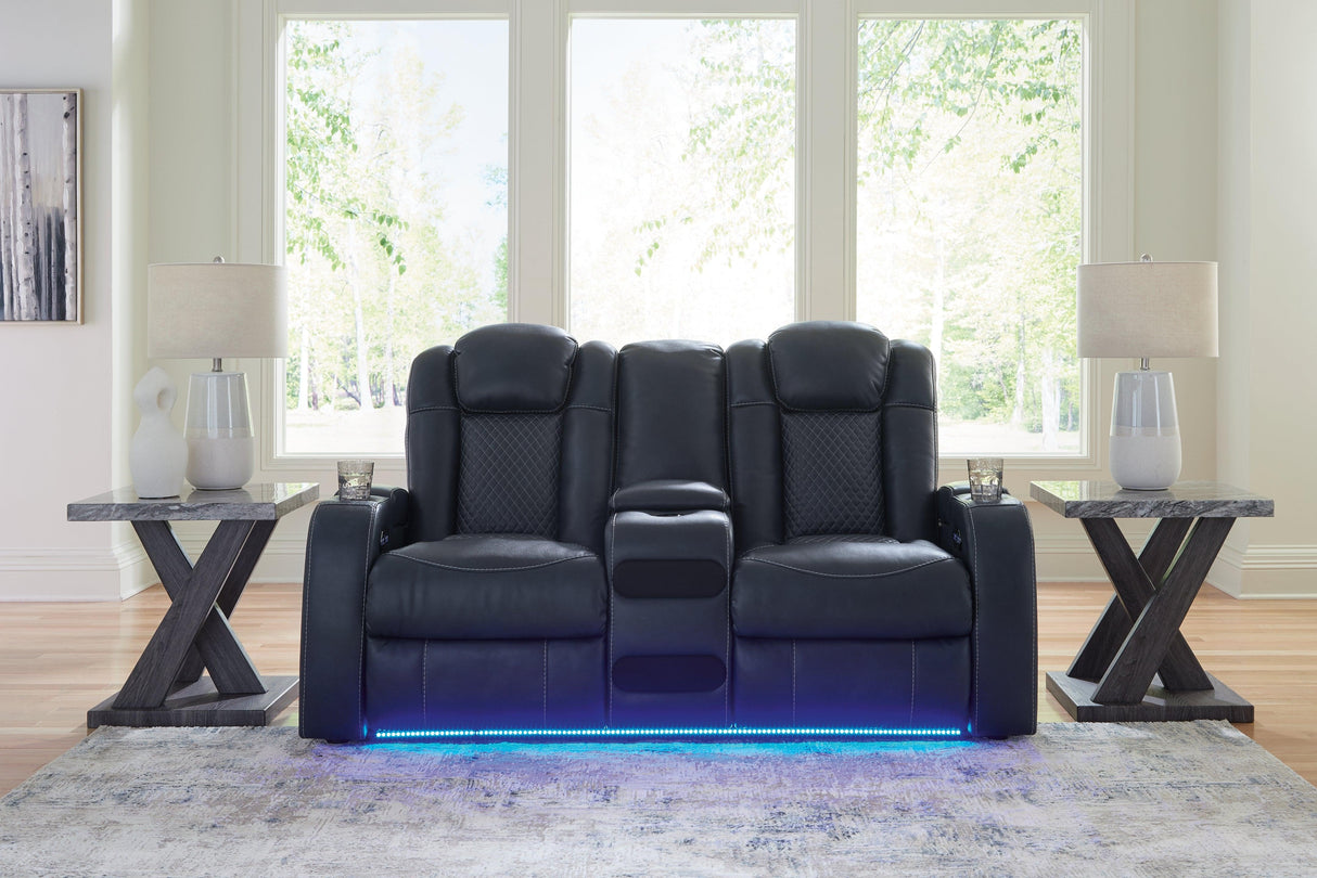 Fyne-Dyme Sapphire Dual Power Reclining Loveseat with Console by Ashley at Eve Furniture