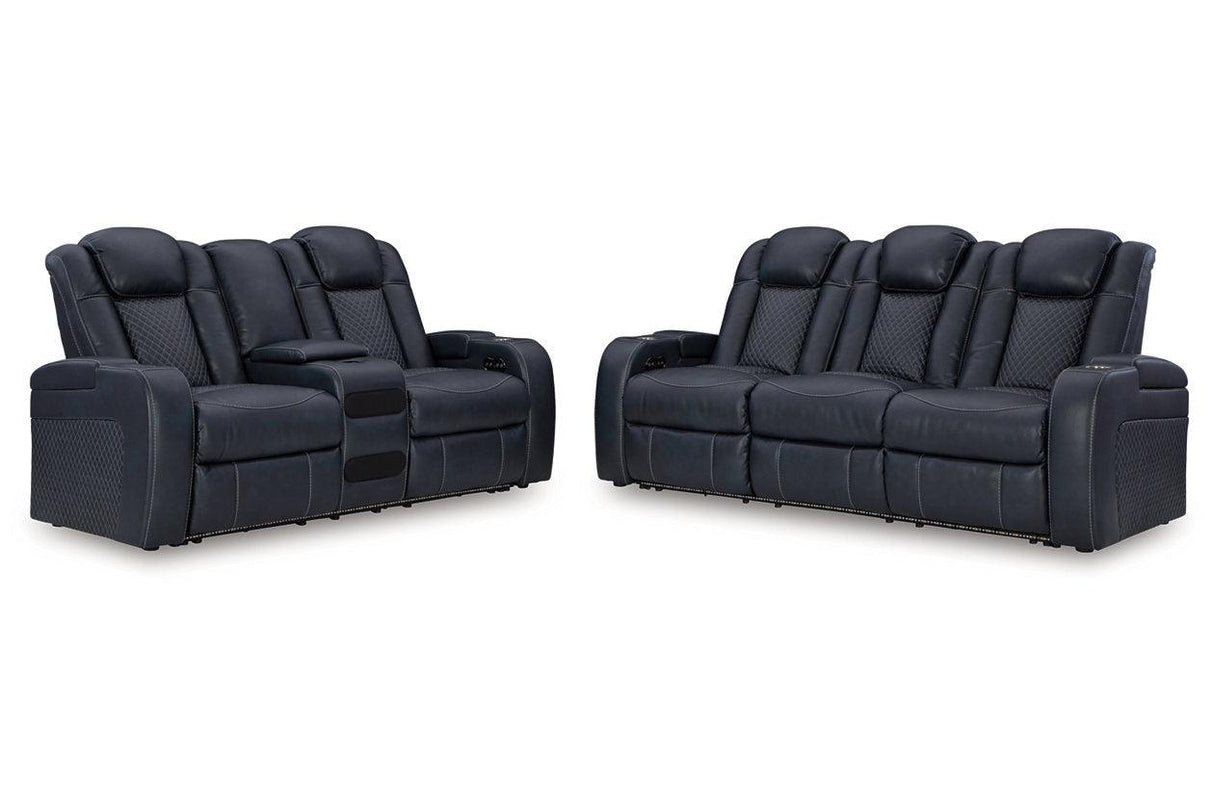 Fyne-Dyme Sapphire Dual Power Reclining Sofa and Loveseat by Ashley at Eve Furniture