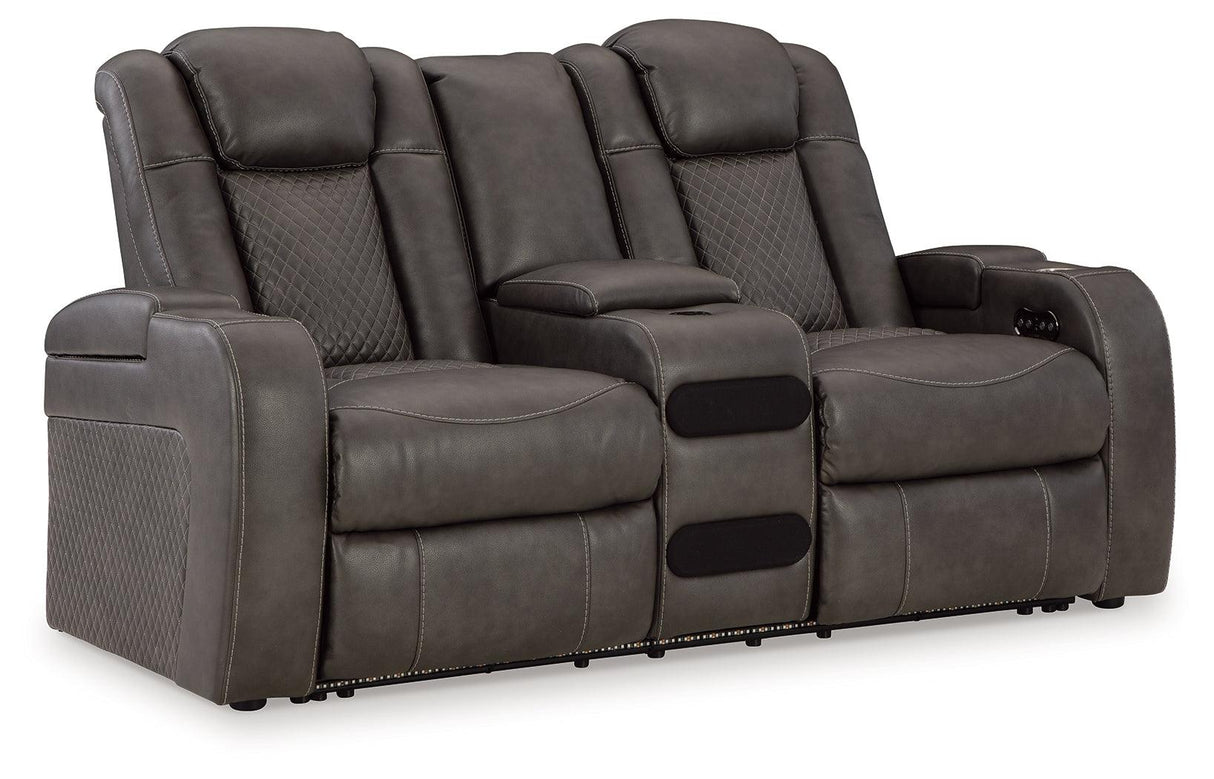 Fyne-Dyme Shadow Dual Power Reclining Loveseat with Audio Console by Ashley at Eve Furniture