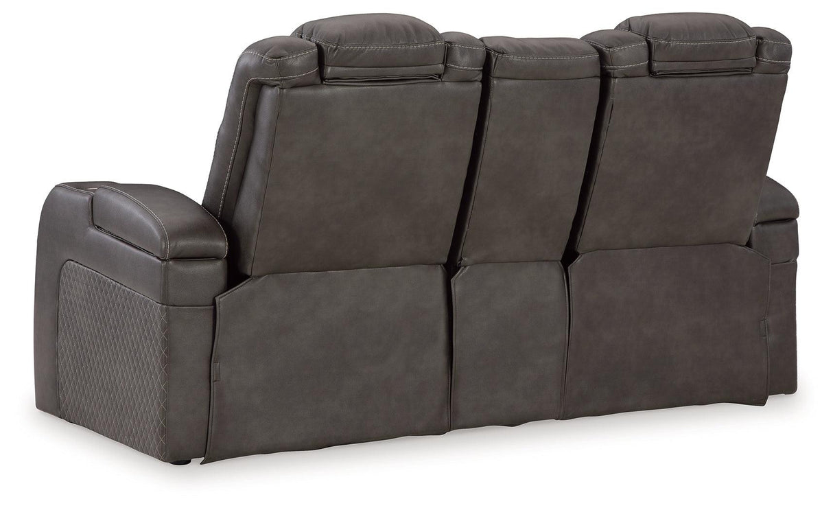 Fyne-Dyme Shadow Dual Power Reclining Loveseat with Audio Console by Ashley at Eve Furniture