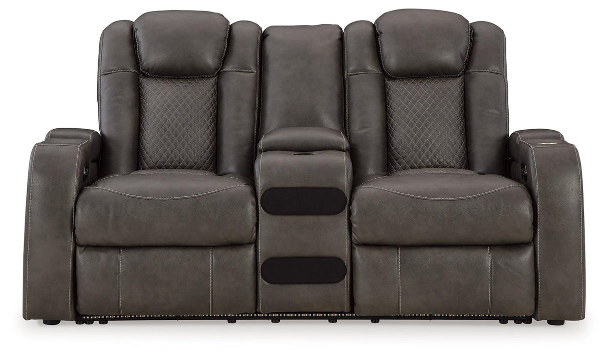 Fyne-Dyme Shadow Dual Power Reclining Loveseat with Audio Console by Ashley at Eve Furniture