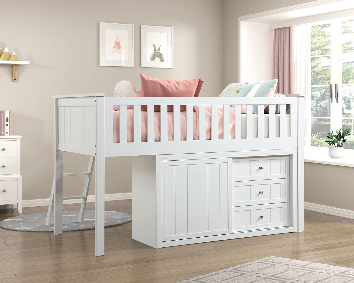 Galen White Low Loft Bunk with Bookcase and Dresser by Homelegance at Eve Furniture